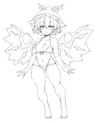 Rule 34 | 1girl, animal ears, bare arms, bare legs, bare shoulders, barefoot, bikini, bird ears, bird wings, blush, breasts, closed mouth, collarbone, full body, gluteal fold, greyscale, hair between eyes, hat, highres, long legs, medium breasts, monochrome, monyomoke, mystia lorelei, navel, short hair, simple background, smile, solo, swimsuit, toes, touhou, white background, winged hat, wings