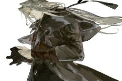 Rule 34 | 1boy, alternate costume, armor, belt buckle, black coat, black gloves, black pants, black ribbon, bracer, brown shirt, buckle, chest strap, chinese commentary, coat, commentary request, facing to the side, final fantasy, final fantasy vii, gloves, green eyes, grey hair, hair ribbon, high collar, highres, leather armor, long bangs, long coat, long hair, long sleeves, low ponytail, male focus, pants, parted bangs, ponytail, ribbon, sephiroth, shirt, simple background, slit pupils, smile, smirk, upper body, white background, wind, xscr1205