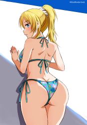 Rule 34 | 1girl, absurdres, against wall, ass, ayase eli, back, bare shoulders, bikini, blonde hair, blue bikini, blue eyes, blush, box wonderland, butt crack, closed mouth, come hither, eyes visible through hair, hair ornament, hair scrunchie, highres, long hair, looking at viewer, looking back, love live!, love live! school idol project, ponytail, scrunchie, side-tie bikini bottom, simple background, smile, solo, string bikini, swimsuit, white scrunchie