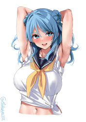 Rule 34 | 1girl, armpits, arms behind head, arms up, black sailor collar, blue eyes, blue hair, blush, breasts, commentary request, cropped torso, double bun, ebifurya, hair bun, highres, kantai collection, large breasts, looking to the side, medium hair, navel, neckerchief, one-hour drawing challenge, open mouth, sailor collar, sailor shirt, school uniform, serafuku, shirt, sleeveless, sleeveless shirt, solo, steaming body, sweat, tied shirt, twitter username, upper body, urakaze (kancolle), white background, yellow neckerchief