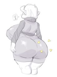 Rule 34 | ass, belt, breasts, cropped legs, curvy, from behind, hairband, huge ass, huge breasts, long sleeves, monochrome, nintendo, oppai loli, pointy ears, sakana888888888, saria (zelda), shiny clothes, simple background, spoken question mark, sweater, the legend of zelda, the legend of zelda: ocarina of time, white background, wide hips