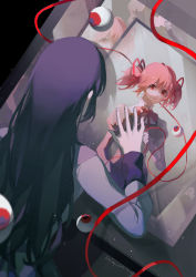 Rule 34 | 2girls, absurdres, akemi homura, bow, bowtie, cmiao, collared jacket, dated, drawing (object), dutch angle, eyeball, facing another, facing away, floating, floating object, hair ribbon, hand on glass, highres, holding, holding ribbon, jacket, juliet sleeves, kaname madoka, long hair, long sleeves, looking at another, mahou shoujo madoka magica, mahou shoujo madoka magica (anime), mitakihara school uniform, multiple girls, parted lips, pink hair, puffy sleeves, purple hair, red bow, red bowtie, red eyes, red ribbon, ribbon, school uniform, short hair, short twintails, signature, straight hair, string, string of fate, twintails, upper body, white jacket, yellow jacket