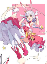 Rule 34 | 1girl, absurdres, animal ears, bare shoulders, clothes lift, crown, egg, fox ears, full body, gloves, hair between eyes, hands up, highres, honkai (series), honkai impact 3rd, long hair, looking at viewer, official alternate costume, open mouth, panties, pantyshot, pink background, pink eyes, pink footwear, ponytail, rabbit, rabbit tail, skirt, skirt lift, sleeveless, solo, star (symbol), starlab, tail, theresa apocalypse, theresa apocalypse (sakuno rondo), underwear, white background, white gloves, white legwear, white panties