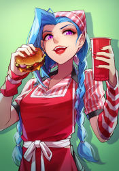 Rule 34 | 1girl, animification, apron, blue hair, braid, burger, collared shirt, commentary, cup, detached sleeves, disposable cup, english commentary, fast food, food, green background, hair behind ear, holding, holding cup, holding food, jinx (league of legends), league of legends, making-of available, md5 mismatch, open mouth, purple eyes, red apron, shaded face, shadow, shirt, solo, striped clothes, striped shirt, twin braids, vmat