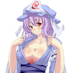 Rule 34 | 1girl, absurdres, akutsu, bad id, bad pixiv id, blush, breasts, cleavage, female focus, hat, highres, open clothes, pink hair, red eyes, saigyouji yuyuko, smile, solo, touhou, undressing