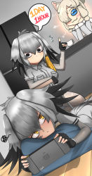 Rule 34 | 3girls, :&lt;, :3, absurdres, alpaca suri (kemono friends), blonde hair, commentary, dual persona, dutch angle, english commentary, english text, fingerless gloves, gloves, grey hair, hair between eyes, hair over one eye, head rest, highres, indoors, john (a2556349), kemono friends, multiple girls, no mouth, pantyhose, pillow, shoebill (kemono friends), speech bubble, squiggle, yellow eyes