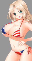 Rule 34 | 10s, 1girl, alternate costume, american flag bikini, american flag print, arm at side, bare shoulders, bikini, blonde hair, breasts, cleavage, collarbone, flag print, girls und panzer, green eyes, highres, kay (girls und panzer), large breasts, long hair, looking at viewer, md5 mismatch, micro bikini, navel, open mouth, parted bangs, print bikini, resolution mismatch, shinki (shinki59), side-tie bikini bottom, skindentation, solo, source smaller, stomach, swimsuit, thighs, underboob