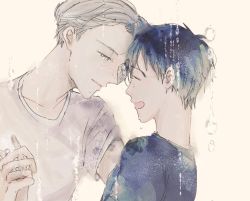 Rule 34 | 2boys, black hair, black shirt, blue eyes, crying, crying with eyes open, expressionless, closed eyes, forehead-to-forehead, heads together, holding hands, katsuki yuuri, looking down, male focus, multiple boys, open mouth, own hands together, shirt, short hair, simple background, smile, tears, viktor nikiforov, water, water drop, white background, white hair, white shirt, yaoi, yuri!!! on ice, zilu