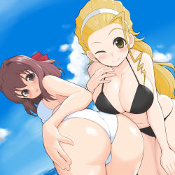 Rule 34 | 2girls, ahoge, ass, bent over, bikini, black bikini, blonde hair, blue sky, blush, breasts, brown eyes, brown hair, cleavage, closed mouth, cloud, cloudy sky, day, dutch angle, from behind, girls und panzer, hair pulled back, hairband, hand on own ass, hand on own chest, hand on own thigh, headband, highres, kondou taeko, large breasts, leaning forward, light frown, long hair, looking at viewer, looking back, medium breasts, multiple girls, ocean, one eye closed, outdoors, ponytail, red headband, sasaki akebi, sky, smile, standing, sweatdrop, swimsuit, white bikini, white hairband, yabai gorilla