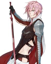 Rule 34 | 1boy, armor, black gloves, blue eyes, breastplate, cape, final fantasy, final fantasy xiii, genderswap, genderswap (ftm), gloves, hair over shoulder, high collar, highres, holding, holding sword, holding weapon, lightning farron, long hair, long sleeves, male focus, nini tw99, open clothes, pauldrons, pink hair, red cape, serious, shoulder armor, simple background, solo, sword, weapon, white background