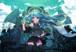 Rule 34 | 1girl, 39, black thighhighs, blue eyes, blue hair, blue sky, cloud, day, detached sleeves, hair ornament, hand on own hip, hatsune miku, headset, long hair, long sleeves, matching hair/eyes, qys3, shirt, skirt, sky, solo, speaker, standing, thighhighs, thighs, twintails, very long hair, vocaloid, wide sleeves, zettai ryouiki