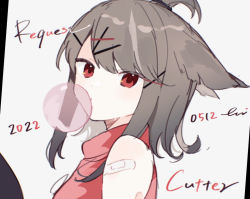 Rule 34 | 1girl, arknights, bandaid, bandaid on arm, bare shoulders, brown hair, blowing bubbles, character name, chewing gum, closed mouth, cutter (arknights), dated, figmnts, grey background, hair ornament, hairclip, long hair, looking at viewer, red eyes, red shirt, shirt, sleeveless, sleeveless shirt, solo, upper body, x hair ornament