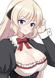 Rule 34 | 1girl, adjusting hair, battle rifle, blonde hair, bow, breasts, cleavage, cleavage cutout, clothing cutout, commentary, commission, dress, english commentary, frilled dress, frills, g3 (battlefield baker) (girls&#039; frontline), g3 (girls&#039; frontline), girls&#039; frontline, gun, h&amp;k g3, hair between eyes, headgear, highres, jjuwaap, juliet sleeves, large breasts, long hair, long sleeves, looking at viewer, maid, official alternate costume, puffy sleeves, purple eyes, red bow, rifle, simple background, smile, solo, upper body, weapon, white background