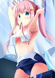 Rule 34 | 1girl, bag, blue background, blue eyes, blush, breasts, closed eyes, flower, hair flower, hair ornament, hair ribbon, highres, inakami, looking at viewer, moe2021, mouth hold, one-piece swimsuit, original, pink hair, red ribbon, ribbon, ribbon in mouth, school swimsuit, simple background, small breasts, solo, swimsuit, towel, towel on one shoulder