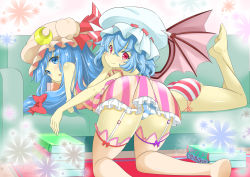 Rule 34 | 2girls, :o, absurdres, alternate eye color, alternate hair color, ass, bare shoulders, barefoot, bat wings, bent over, benten (pixiv15996491), blue eyes, blue hair, blue panties, blush, book, book stack, bow, bow legwear, breasts, camisole, closed mouth, collarbone, couch, crescent, crescent hair ornament, dress, frilled skirt, frills, from behind, garter straps, hair between eyes, hair bow, hair ornament, hand on own cheek, hand on own face, hat, hat bow, hat ribbon, head rest, highres, kneeling, legs up, long hair, looking at viewer, looking back, lying, lying on person, medium breasts, mob cap, multiple girls, on person, on stomach, open mouth, panties, pantyshot, patchouli knowledge, purple eyes, red bow, red eyes, remilia scarlet, ribbon, ribbon trimmed, short dress, short hair, side-tie panties, skirt, smile, soles, spaghetti strap, strap slip, striped clothes, striped dress, striped panties, thighhighs, touhou, underwear, underwear only, wings