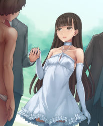 Rule 34 | 10s, 1girl, 3boys, abubu, bare shoulders, black hair, borrowed character, breasts, brown eyes, choker, day, dress, elbow gloves, formal, gloves, holding hands, imminent penetration, interracial, karasuma sachiko, multiple boys, necktie, original, outdoors, small breasts, standing, suit, thighhighs, underwear, underwear only, zettai ryouiki