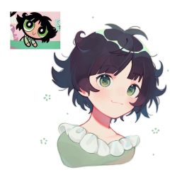 Rule 34 | 1girl, black hair, blush, buttercup (ppg), buttercup redraw challenge (meme), derivative work, green eyes, green pajamas, highres, looking at viewer, meme, messy hair, pajamas, paki2000, portrait, powerpuff girls, reference inset, screenshot inset, screenshot redraw, shadow, simple background, smile, solo, white background