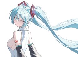 Rule 34 | 1girl, ;), absurdres, bare shoulders, blue eyes, blue hair, breasts, commentary, detached sleeves, floating hair, from behind, hatsune miku, highres, long hair, long sleeves, looking at viewer, medium breasts, one eye closed, shirt, shortofsugar, shoulder tattoo, sideboob, smile, solo, tattoo, twintails, upper body, very long hair, vocaloid, white shirt