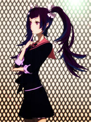 Rule 34 | 1girl, black hair, chain-link fence, egawa satsuki, fence, finger to face, long hair, magami series, purple eyes, school uniform, serafuku, sleeves rolled up, solo, standing, twintails