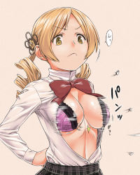 Rule 34 | 10s, 1girl, bad id, bad pixiv id, blonde hair, bow, bowtie, bra, breasts, bursting breasts, cleavage, drill hair, hair ornament, highres, mahou shoujo madoka magica, mahou shoujo madoka magica (anime), md5 mismatch, oda takayuki, open bra, open clothes, open shirt, plaid, plaid clothes, plaid skirt, popped button, school uniform, shirt, skirt, solo, tight clothes, tight shirt, tomoe mami, twin drills, underwear, wardrobe malfunction, white shirt, yellow eyes