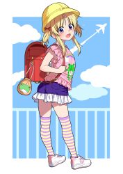 Rule 34 | 1girl, absurdres, aircraft, airplane, alternate costume, animal print, armpits, backpack, bag, blonde hair, bow, child, cloud, commentary request, contemporary, contrail, frog print, from behind, full body, hair bow, hat, highres, looking back, miniskirt, moriya suwako, nora wanko, open mouth, outdoors, pink eyes, pink shirt, print shirt, purple skirt, randoseru, ribbon, school hat, shirt, shoes, short hair, short sleeves, short twintails, skirt, sky, smile, solo, striped clothes, striped thighhighs, thighhighs, thighs, touhou, twintails, white footwear, yellow hat