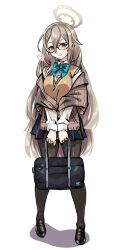 Rule 34 | 1girl, absurdres, akane (blue archive), bag, black pantyhose, blue archive, blue bow, bow, brown eyes, commentary request, glasses, hair between eyes, halo, harigane shinshi, highres, holding, holding bag, light brown hair, long hair, looking at viewer, pantyhose, plaid shawl, pleated skirt, school uniform, shawl, skirt, solo, sweater vest, white background