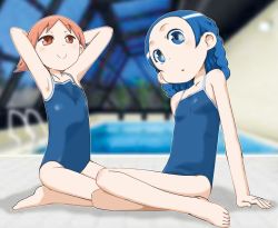 Rule 34 | 2girls, :o, andou otome, arm support, armpits, arms behind head, arms up, barefoot, blue eyes, blue hair, blue one-piece swimsuit, blurry, braid, competition school swimsuit, depth of field, feet, flat chest, flipped hair, head tilt, homemade heroes, indoors, light smile, long hair, looking at viewer, multiple girls, one-piece swimsuit, open mouth, orange eyes, orange hair, outline, parted bangs, pool, pool ladder, poolside, red eyes, rei no pool, school swimsuit, seiza, sendai marin, shadow, short hair, sitting, smile, suzushiro seri, swimsuit, water, window, yokozuwari