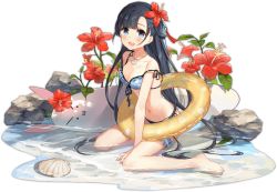Rule 34 | 1girl, :d, ark order, bare legs, bikini, black hair, blue bikini, blue eyes, breasts, bridal garter, chang&#039;e (ark orer), cleavage, faux figurine, flower, frilled innertube, front-tie bikini top, front-tie top, full body, hair flower, hair ornament, hair tassel, hibiscus, innertube, jewelry, leaf, long hair, looking at viewer, medium breasts, necklace, official art, open mouth, partially submerged, red flower, shell, shell necklace, side-tie bikini bottom, sitting, smile, solo, stone, stuffed animal, stuffed rabbit, stuffed toy, swim ring, swimsuit, tassel, tassel hair ornament, thigh scrunchie, transparent background, very long hair, wariza, water, yellow innertube, yue yue