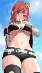 Rule 34 | 1girl, absurdres, belt, bikini, bikini top only, black bikini, black shorts, black thighhighs, blue sky, breasts, brown eyes, brown hair, dead or alive, dead or alive 5, detached sleeves, dripping, eating, food, hair ornament, highres, hoki1314, holding, holding food, honoka (doa), ice cream, lens flare, long hair, looking at viewer, medium breasts, melting, navel, popsicle, short shorts, shorts, sky, solo, standing, stomach, sweat, swimsuit, thighhighs, tongue, torn clothes, torn thighhighs