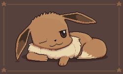 Rule 34 | :3, animal focus, border, brown background, brown border, brown eyes, brown theme, closed mouth, creatures (company), eevee, full body, game freak, gen 1 pokemon, half-closed eye, happy, highres, looking to the side, lying, neck fur, nintendo, no humans, on stomach, one eye closed, pixel art, pokemon, pokemon (creature), simple background, smile, solo, star (symbol), wisgarus