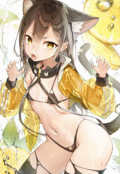 Rule 34 | 1girl, absurdres, animal ear fluff, animal ears, bikini, black bikini, black collar, black hair, black thighhighs, breasts, cat ears, cat girl, cat tail, claw pose, collar, commentary, cotama, fang, food, fruit, hair between eyes, highres, jacket, lemon, lemon slice, long hair, long sleeves, looking at viewer, navel, open clothes, open jacket, open mouth, original, puffy long sleeves, puffy sleeves, see-through, see-through sleeves, short eyebrows, small breasts, solo, stomach, string bikini, swimsuit, symbol-only commentary, tail, tail raised, thighhighs, torn clothes, torn thighhighs, v-shaped eyebrows, yellow eyes, yellow jacket