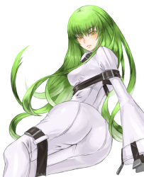 Rule 34 | 00s, 1girl, 4hands, ass, blush, c.c., code geass, female focus, green hair, long hair, looking back, simple background, solo, strap, yellow eyes