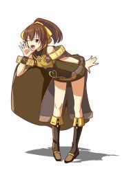 Rule 34 | 1girl, boo cipher, brown hair, child, delthea (fire emblem), elbow gloves, fire emblem, fire emblem echoes: shadows of valentia, gloves, grin, looking at viewer, nintendo, ponytail, simple background, smile, white background