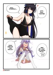 Rule 34 | 2girls, anyacchi, asymmetrical horns, black hair, blue hair, blush, breasts, cleavage, colored inner hair, crystal, dress, grey hair, highres, hololive, hololive english, horns, koseki bijou, koseki bijou (1st costume), large breasts, long hair, mole, mole under eye, multicolored hair, multiple girls, nerissa ravencroft, no panties, purple eyes, red eyes, scared, seductive smile, smile, uneven horns, virtual youtuber, white dress, yuri