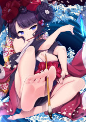 Rule 34 | 1girl, asymmetrical bangs, bare legs, barefoot, between toes, black hair, blue eyes, breasts, cleavage, fate/grand order, fate (series), feet, foot focus, foreshortening, hair ornament, highres, japanese clothes, katsushika hokusai (fate), kimono, ko yu, large breasts, looking at viewer, mouth hold, obi, paintbrush, pixiv fate/grand order contest 2, pov, sash, short hair, soles, solo, toes, water