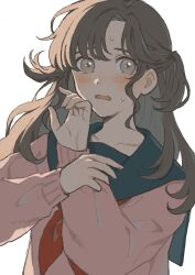 Rule 34 | 1girl, black sailor collar, blush, brown hair, commentary request, embarrassed, fingernails, grey eyes, hands up, highres, long hair, long sleeves, looking at viewer, nahara saki, neckerchief, nervous, open mouth, original, pink sweater, red neckerchief, sailor collar, scowl, simple background, solo, sweat, sweater, upper body, white background