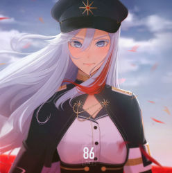 Rule 34 | 1girl, 86 -eightysix-, armband, black hat, closed mouth, colored eyelashes, copyright name, floating hair, grey eyes, hair between eyes, hanr10, hat, highres, jacket, long hair, looking at viewer, military, military uniform, multicolored hair, outdoors, red hair, shrug (clothing), solo, streaked hair, two-tone hair, uniform, upper body, very long hair, vladilena millize, white hair, white jacket