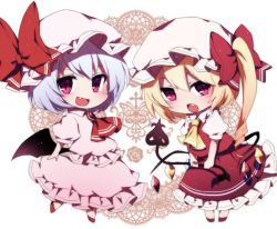 Rule 34 | 2girls, :d, :o, ascot, bat wings, bow, chibi, crystal, dress, fang, flandre scarlet, full body, hat, hat bow, holding, laevatein, looking at viewer, mob cap, multiple girls, one side up, open mouth, pink dress, pink headwear, puffy short sleeves, puffy sleeves, purple hair, red ascot, red bow, red eyes, red footwear, red skirt, red vest, remilia scarlet, shirt, short hair, short sleeves, siblings, sisters, skirt, smile, standing, touhou, vest, white headwear, white shirt, wings, yellow ascot, you (noanoamoemoe)