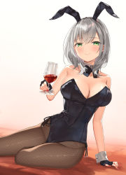 Rule 34 | 1girl, alcohol, animal ears, arm support, bare shoulders, black bow, black bowtie, black gloves, black hairband, black leotard, black pantyhose, blush, bow, bowtie, braid, breasts, cleavage, closed mouth, commentary request, cup, detached collar, drinking glass, fake animal ears, fingerless gloves, fishnet pantyhose, fishnets, gloves, green eyes, grey background, hairband, hand up, highres, holding, holding cup, hololive, large breasts, leotard, looking at viewer, medium hair, nail polish, pantyhose, playboy bunny, rabbit ears, red nails, shirogane noel, side-tie leotard, silver hair, simple background, single braid, sitting, smile, solo, strapless, strapless leotard, takumi11, virtual youtuber, wine, wine glass, wrist cuffs, yokozuwari