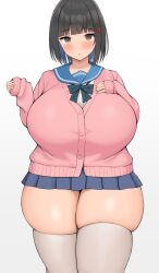 Rule 34 | 1girl, black hair, blush, bow, breasts, brown eyes, hair ornament, hand on own chest, huge breasts, long sleeves, neneneji, original, plump, sailor collar, school uniform, short hair, skirt, solo, standing, sweater, thick thighs, thighhighs, thighs, white thighhighs