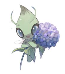 :d anzu_(01010611) blue_eyes celebi creatures_(company) flower game_freak gen_2_pokemon happy holding holding_flower leaf legendary_pokemon mythical_pokemon nintendo no_humans open_mouth pokemon pokemon_(creature) simple_background smile solo water_drop white_background