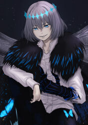 Rule 34 | 1boy, absurdres, black cloak, black pants, blue eyes, blue hairband, blue headwear, claws, cloak, commentary, crown, diamond (shape), diamond crown, diamond hairband, dragonfly wings, fate/grand order, fate (series), fur-trimmed cloak, fur trim, grey hair, hairband, highres, looking at viewer, male focus, oberon (fate), oberon (third ascension) (fate), pants, shirt, solo, take978733141, white shirt