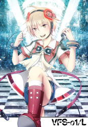 Rule 34 | 1boy, androgynous, bad id, bad pixiv id, boots, bracelet, geike, headphones, hibiki lui, highres, jewelry, knee boots, male focus, matching hair/eyes, microphone, orange eyes, orange hair, short hair, short sleeves, shorts, smile, solo, vocaloid, vocaloid3