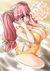 Rule 34 | 1girl, adjusting eyewear, ass, barefoot, breasts, butt crack, casual one-piece swimsuit, glasses, large breasts, log-mi (tonpuu), one-piece swimsuit, original, pink hair, purple eyes, solo, submerged, swimsuit, tonpuu