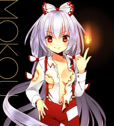 Rule 34 | &gt;:), 1girl, bad id, bad pixiv id, black background, blush, body blush, bow, breasts, burnt clothes, character name, cleavage, collarbone, dress shirt, female focus, fire, fire, fujiwara no mokou, hair bow, hand on own hip, hip focus, long hair, looking at viewer, nipple slip, nipples, no bra, open clothes, open shirt, red eyes, shiny skin, shirt, silver hair, smile, smirk, solo, standing, suspenders, torn clothes, touhou, v-shaped eyebrows, very long hair, yadapot