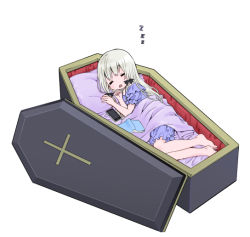 Rule 34 | 10s, 1girl, ama-tou, barefoot, book, cellphone, coffin, cross, drooling, closed eyes, frills, hair ribbon, long hair, open mouth, phone, pillow, ribbon, silver hair, simple background, sleeping, sleepwear, smartphone, solo, sophie twilight, tonari no kyuuketsuki-san, white background, zzz