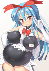 Rule 34 | 1girl, aqua hair, bare shoulders, black leotard, bow, bowtie, breasts, breasts apart, covered erect nipples, covered navel, cowboy shot, elbow gloves, gloves, hair ribbon, impossible clothes, impossible leotard, large breasts, leotard, looking at viewer, nagase haruhito, navel piercing, nipple piercing, original, outie navel, piercing, piercing through clothes, pregnant, red bow, red bowtie, red eyes, red ribbon, ribbon, single inverted nipple, sleeveless, smile, solo, v, white gloves