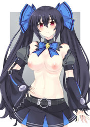 Rule 34 | 1girl, bare shoulders, black hair, bow, bowtie, breasts, chou megami shinkou noire gekishin black heart, commission, cross-laced clothes, detached sleeves, hair between eyes, hair bow, hand on own hip, highres, kami jigen game neptune v, long hair, looking at viewer, medium breasts, navel, neptune (series), nipples, noire (neptunia), paid reward available, pixiv commission, pleated skirt, puffy sleeves, red eyes, serious, skirt, sleeves past wrists, topless, twintails, very long hair, wide sleeves, zatsu
