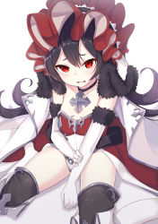 Rule 34 | 1girl, absurdres, black choker, black hair, black thighhighs, cape, chain, choker, collarbone, commentary request, elbow gloves, fur-trimmed cape, fur-trimmed gloves, fur trim, gloves, hair between eyes, highres, illya (small) (princess connect!), illya (princess connect!), j young, leotard, long hair, looking at viewer, parted lips, princess connect!, red eyes, shadow, sitting, solo, tears, thighhighs, very long hair, white background, white cape, white gloves, white leotard