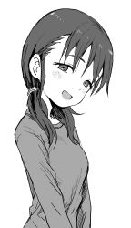 Rule 34 | 1girl, :d, absurdres, aged up, blush, breasts, commentary request, copyright request, eyebrows hidden by hair, greyscale, hair over shoulder, head tilt, highres, long hair, long sleeves, looking at viewer, looking to the side, low twintails, mano (karakai jouzu no takagi-san), monochrome, open mouth, shirt, simple background, small breasts, smile, solo, twintails, upper body, white background, yamamoto souichirou